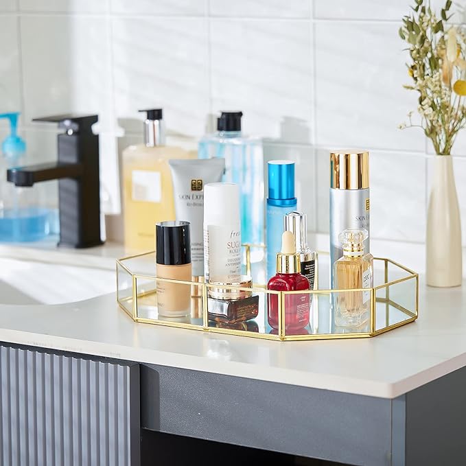 Gold Mirrored Glass Makeup Tray