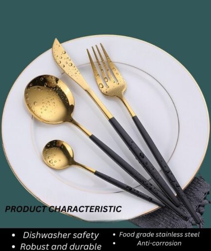 Black & Gold Stainless Steel Dinnerware Set Spoon Dessert Knife Fork Kitchen Utensils