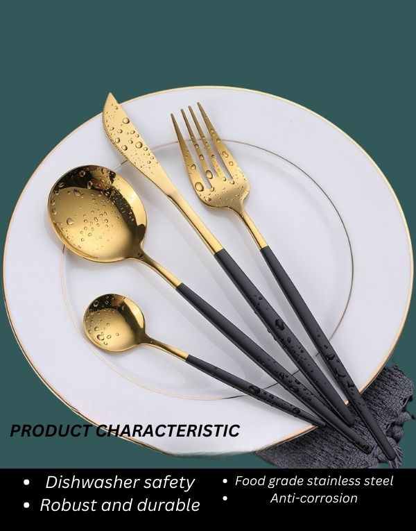 Black & Gold 410 Stainless Steel Dinnerware Set Spoon Dessert Knife Fork Kitchen Utensils ( Pack of 4 )