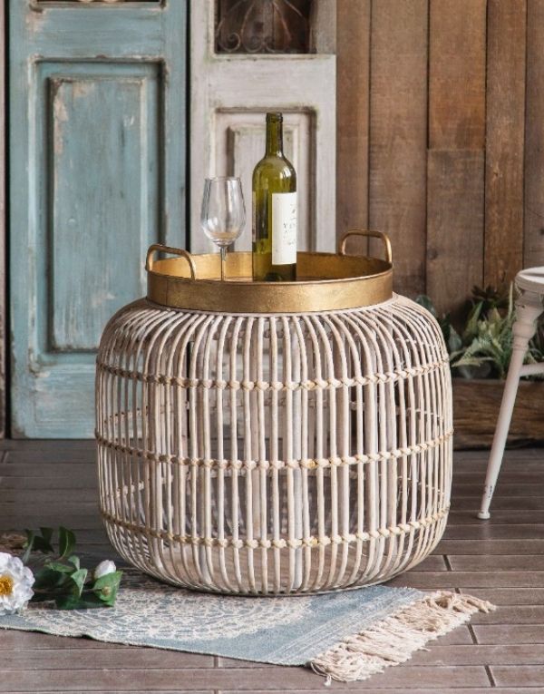Farmhouse Sitting Room Cafe Furniture Rattan Frame Hollow Round Side Tea Table