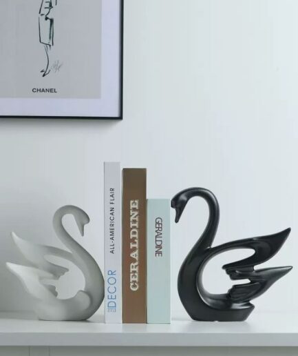 2pcs Pair Swan Figure Ornament Ceramic Statue Black & White