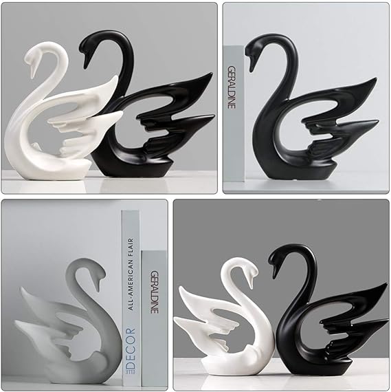 2pcs Pair Swan Figure Ornament Porcelain Statue Black & White - Image 4