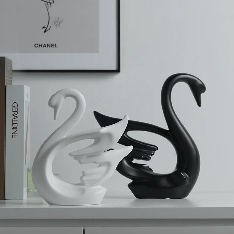 2pcs Pair Swan Figure Ornament Porcelain Statue Black & White - Image 2