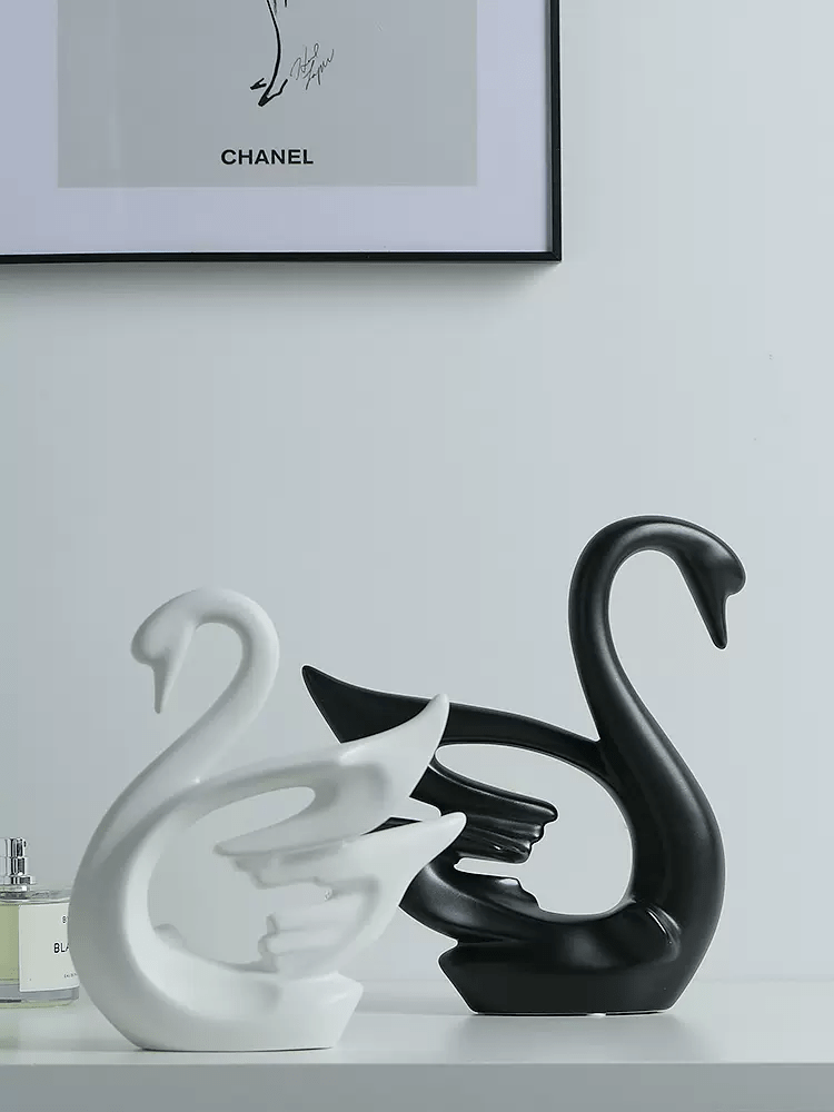 2pcs Pair Swan Figure Ornament Porcelain Statue Black & White - Image 3