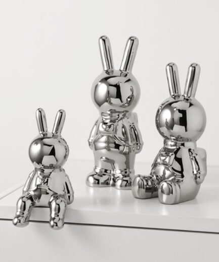 Silver Ceramic Rabbit Statue Figurine