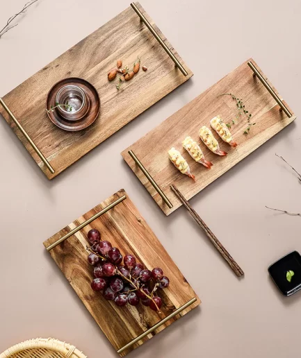Creative Acacia Wood Rectangular Fruit Snack Dessert Wooden Steak Plate With Stainless Steel Handle