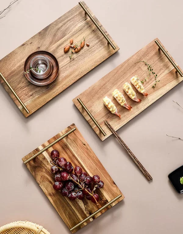 Creative Acacia Wood Rectangular Fruit Snack Dessert Wooden Steak Plate With Stainless Steel Handle Pack of 1 Large Size