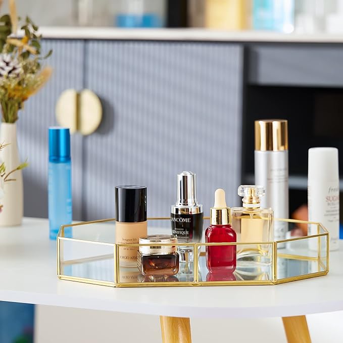 Gold Mirrored Glass Makeup Tray