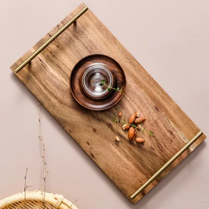 Creative Acacia Wood Rectangular Fruit Snack Dessert Wooden Steak Plate With Stainless Steel Handle Pack of 1 Small size