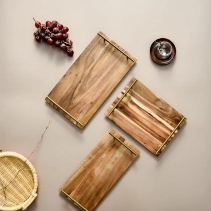 Creative Acacia Wood Rectangular Fruit Snack Dessert Wooden Steak Plate With Stainless Steel Handle Pack of 1 Medium Size