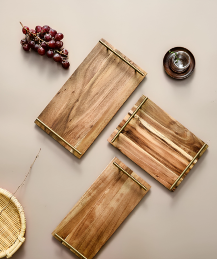 Creative Acacia Wood Rectangular Fruit Snack Dessert Wooden Steak Plate With Stainless Steel Handle Pack of 1 Medium Size