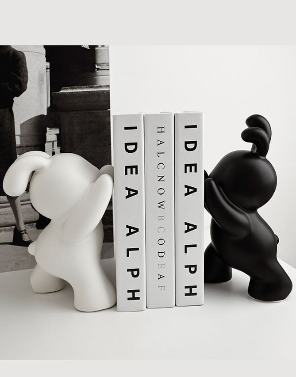 Creative Porcelain 2Pcs Push Rabbit Bookends Black and White