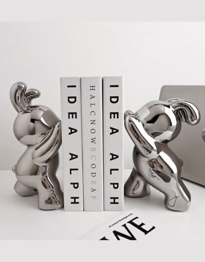 Creative Porcelain 2Pcs Push Rabbit Bookends Silver