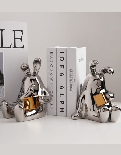 Creative Porcelain 2Pcs Reading Rabbit Bookends Silver