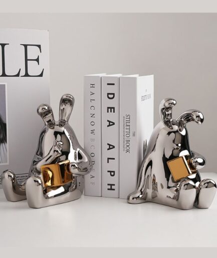 Creative Porcelain 2Pcs Reading Rabbit Bookends Silver