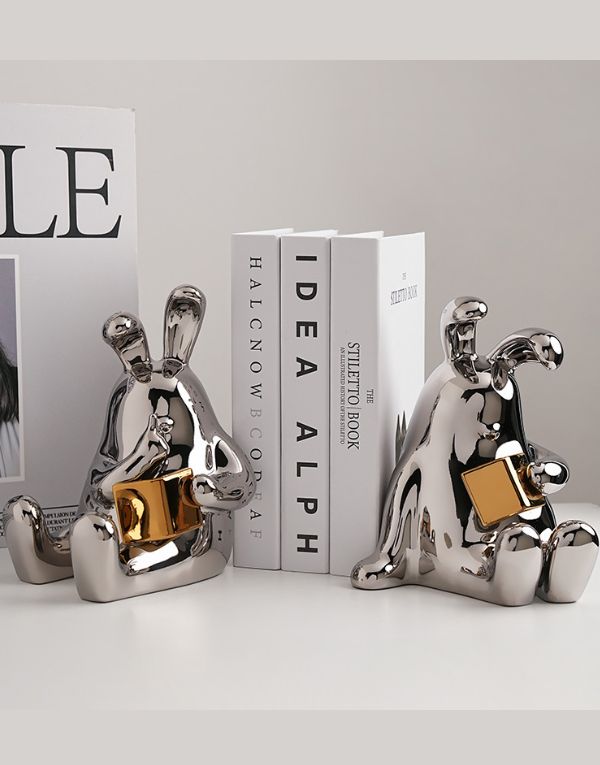 Creative Porcelain 2Pcs Reading Rabbit Bookends Silver