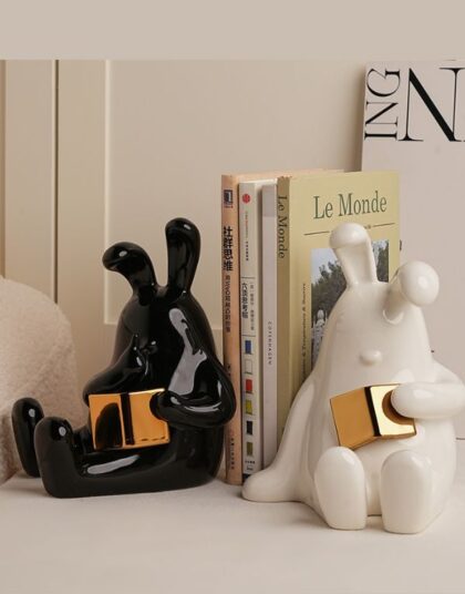 Creative Porcelain 2Pcs Reading Rabbit Bookends Black and Gold