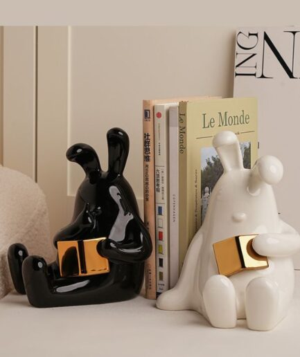 Creative Porcelain 2Pcs Reading Rabbit Bookends Black and Gold