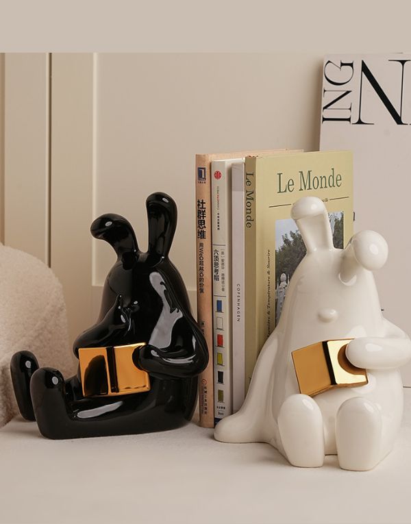 Creative Porcelain 2Pcs Reading Rabbit Bookends Black and Gold
